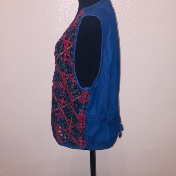 Red / blue Denim and plaid woven gate net denim vest - Picture 6 of 7